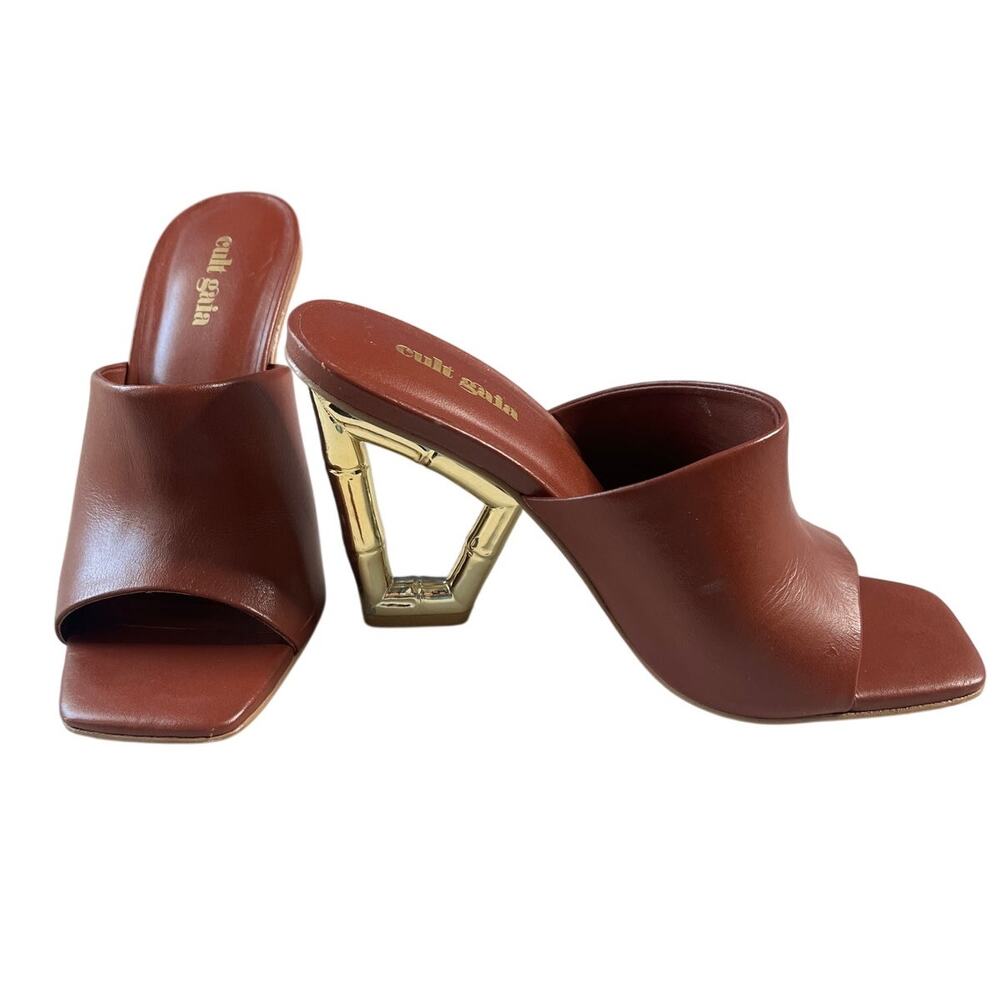 Cult Gaia Brown Leather Sculptural Gold Bamboo Heel Slide Mules Square Toe US 6